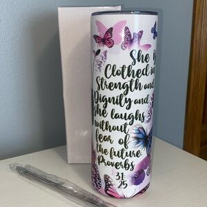 Proverbs 31:25 20oz Tumbler new w box comes with stainless steel reusable straw